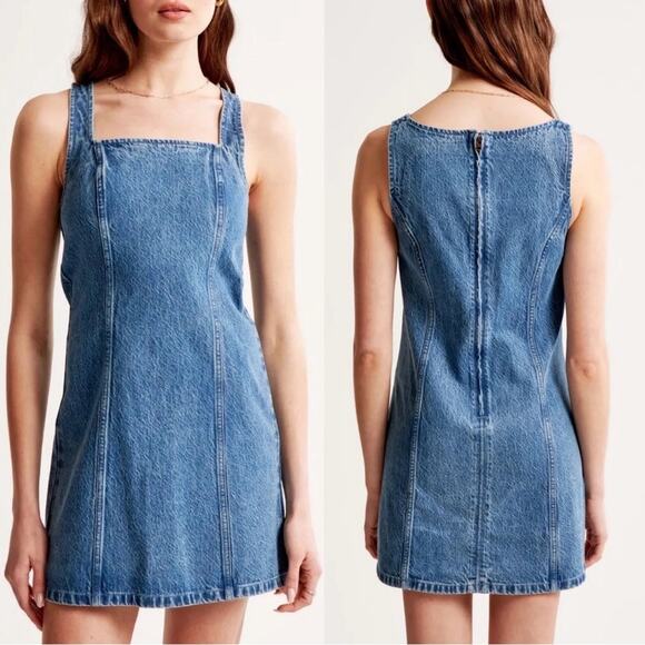 NEW ABERCROMBIE Medium Blue Wash Denim A-Line Mini Tank Top Jean Dress L - Picture 1 of 16
